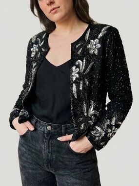 🌗Vintage 80s Nite Line Beaded Sequin Jacket Silk Black Silver Floral Blazer S